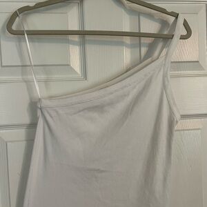 Asymmetric One-Shoulder White Ribbed Tank Top